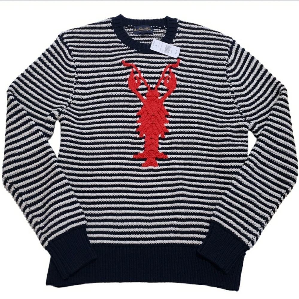 Brooks Brothers Navy Striped Textured Knit Lobster Intarsia XL Sweater $298